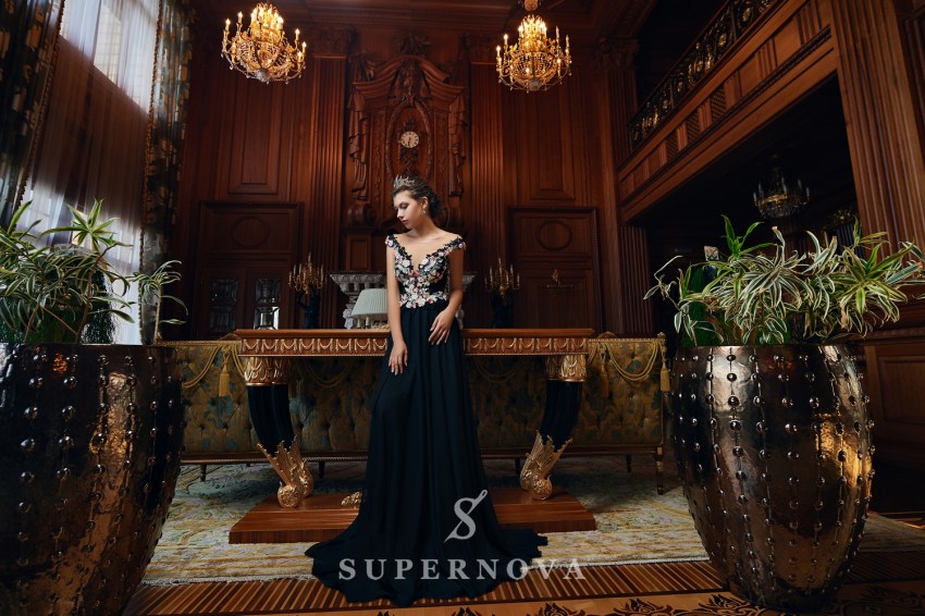 Delicate evening dress with 3-D appliqués on wholesale from Super Nova. VN-031